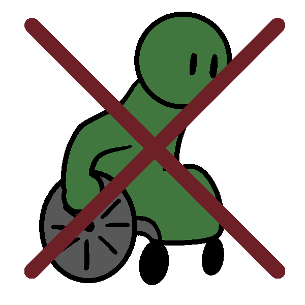 A crossed out green wheelchair user mid push.